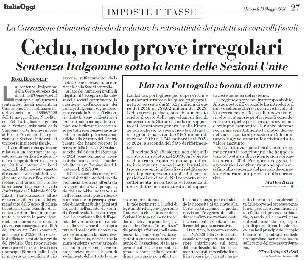 italia oggi - articolo biancolli cassazione tributaria noto prove irregolari